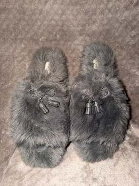 Coach Grey Faux Fur Slippers with Tassels and Bow Detail